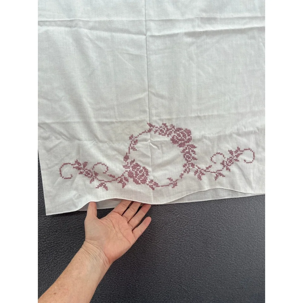 Vintage Hand Embroidered Cross Stitch Linen Pillowcase Set 2 Mauve Floral White